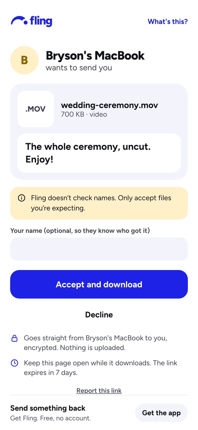 A browser page: Bryson wants to send you wedding-ceremony.mov, with an Accept button