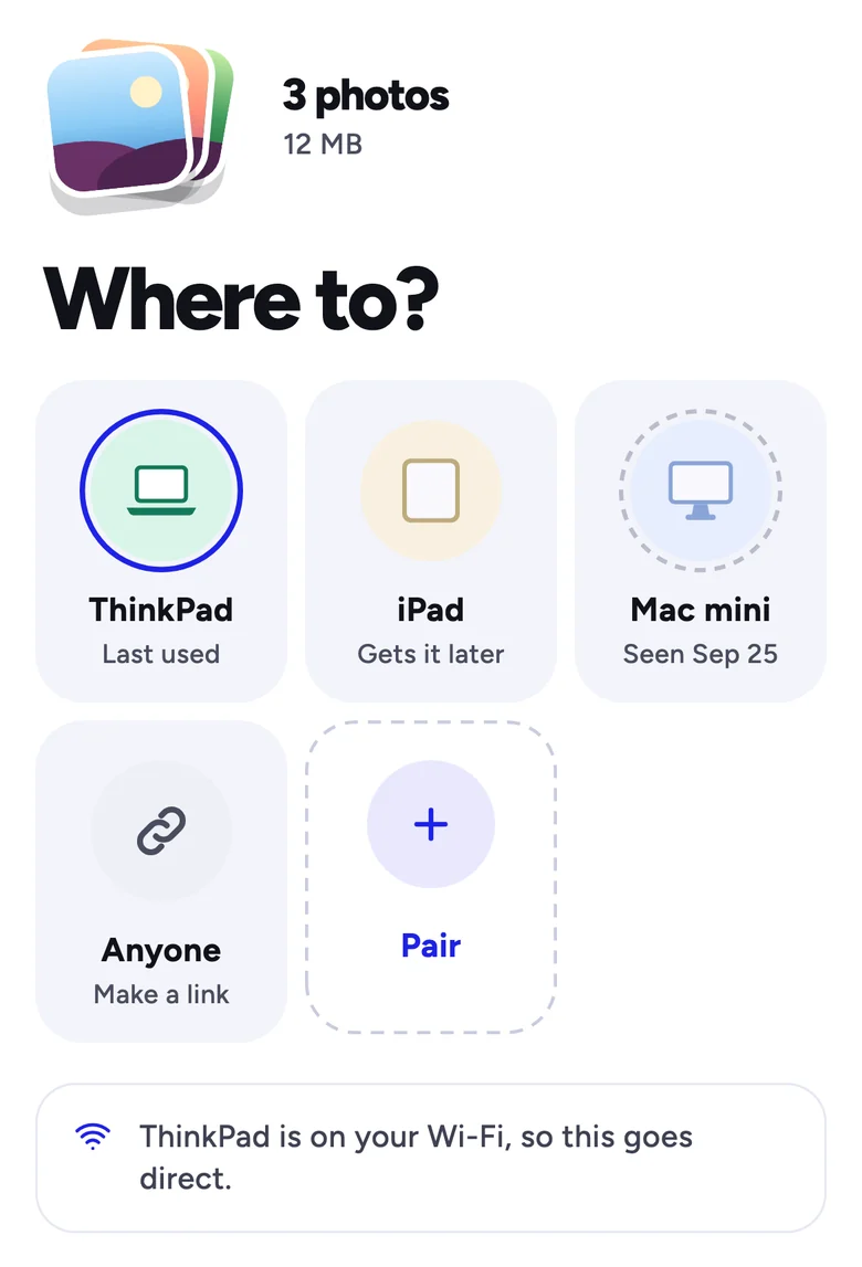Fling asking where three photos should go: ThinkPad, iPad, Mac mini, or a link for anyone